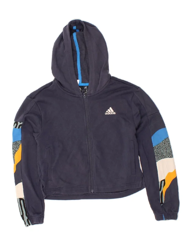 ADIDAS Girls Abstract Pattern Zip Hoodie Sweater 11-12 Years Navy Blue