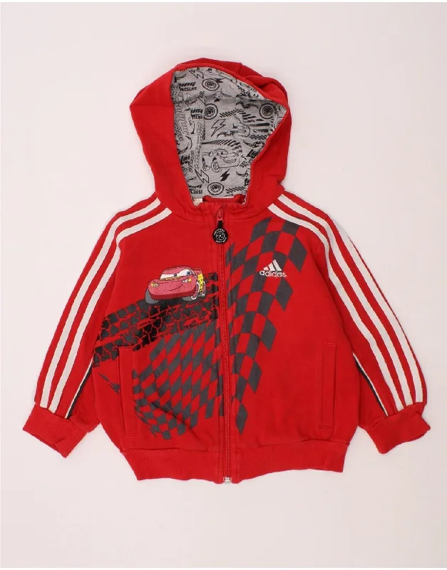 ADIDAS Girls Cars Graphic Zip Hoodie Sweater 2-3 Years Red Geometric