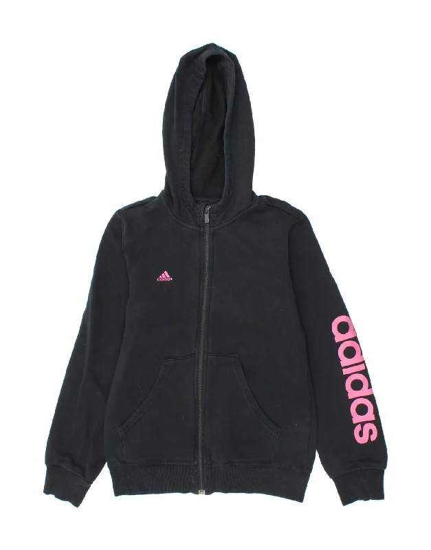 ADIDAS Girls Climalite Graphic Zip Hoodie Sweater 11-12 Years Black Cotton