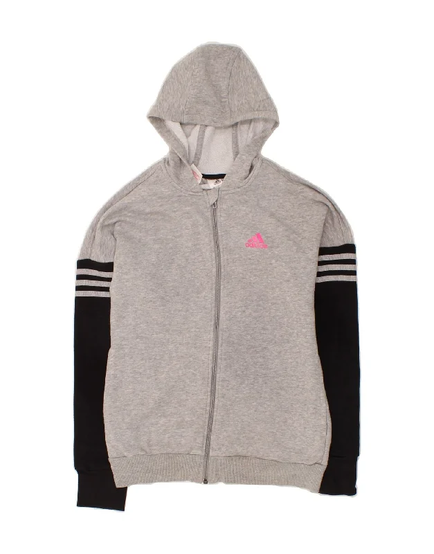 ADIDAS Girls Graphic Zip Hoodie Sweater 13-14 Years Grey Colourblock