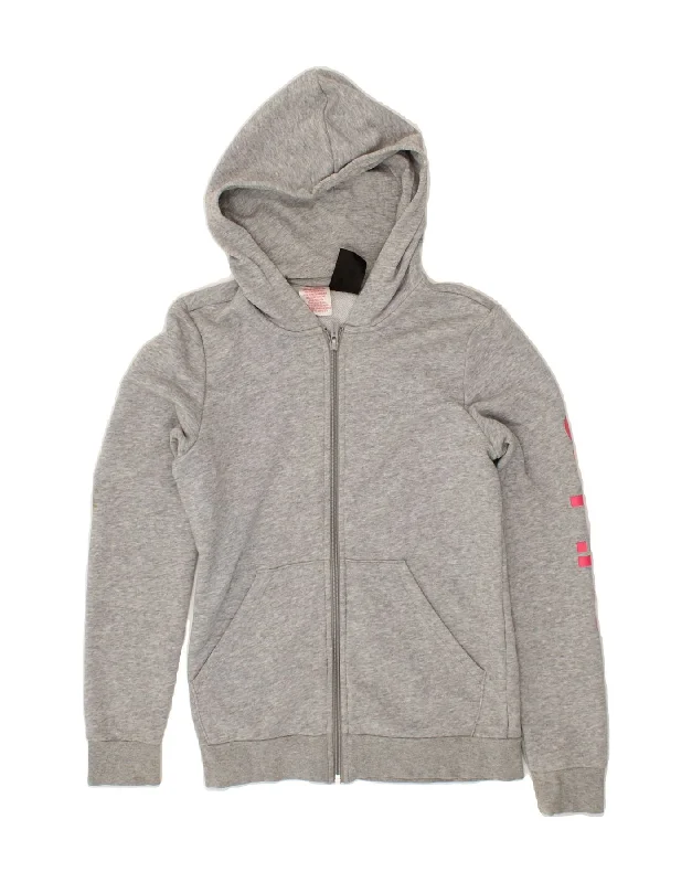 ADIDAS Girls Graphic Zip Hoodie Sweater 13-14 Years Grey Cotton