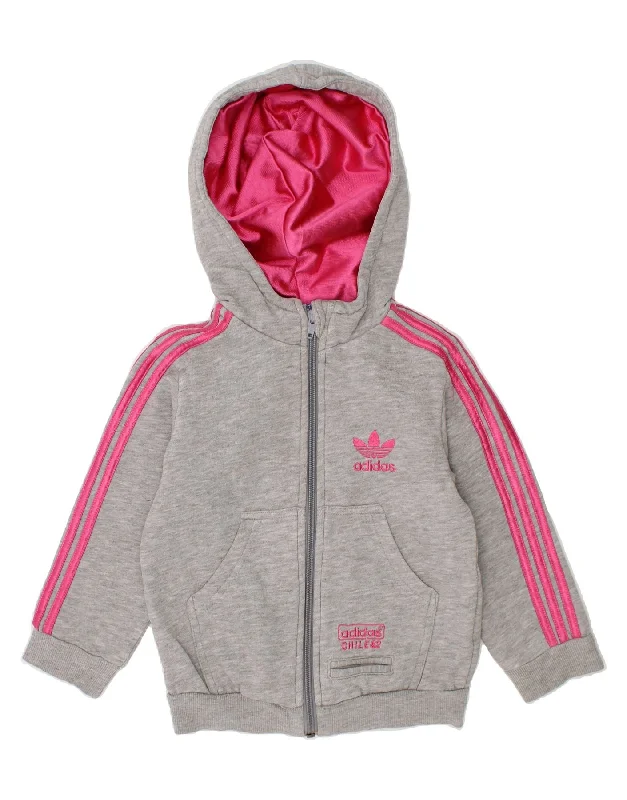 ADIDAS Girls Graphic Zip Hoodie Sweater 2-3 Years Grey Cotton