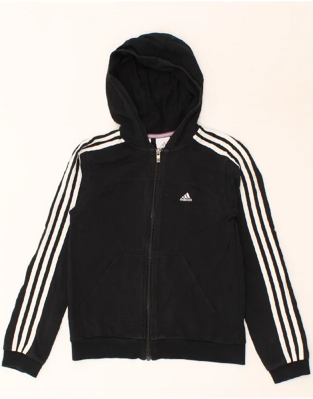 ADIDAS Girls Zip Hoodie Sweater 11-12 Years Black Cotton