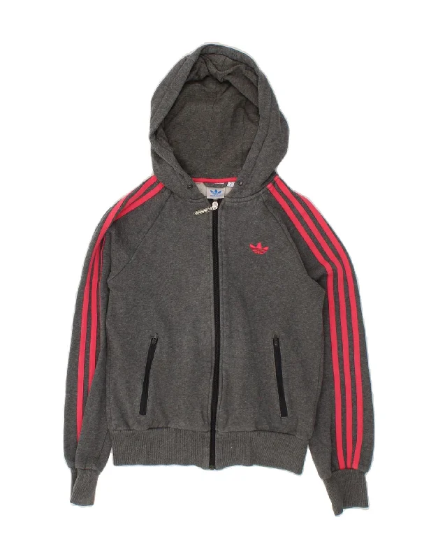 ADIDAS Girls Zip Hoodie Sweater 9-10 Years Grey Cotton