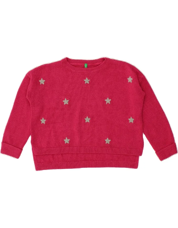 BENETTON Girls Boat Neck Jumper Sweater 7-8 Years Medium Pink Acrylic