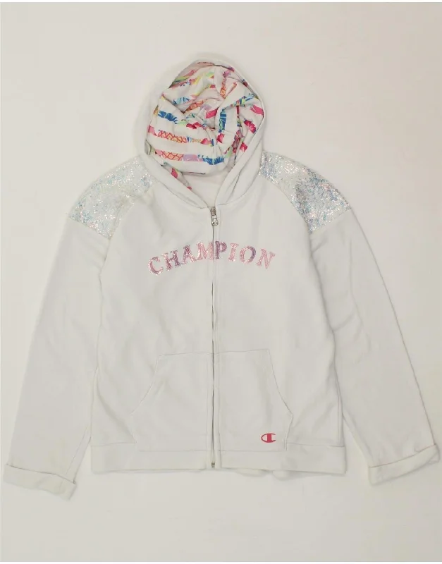 CHAMPION Girls Graphic Zip Hoodie Sweater 11-12 Years Large White