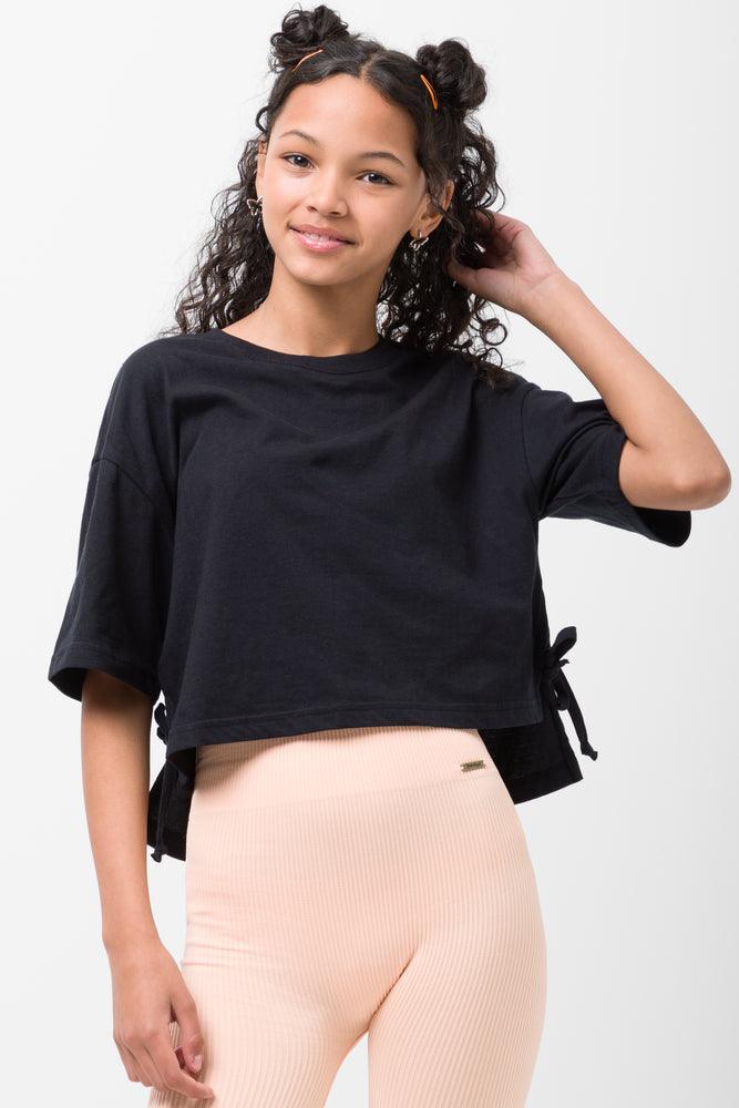 Crop Boxy Side Tie Short Sleeve T-Shirt Black