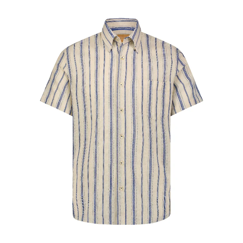 Denim Blue with Beige Striped Short Sleeve Shirt