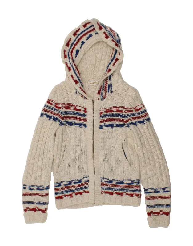 DIESEL Girls Hooded Cardigan Sweater 14-15 Years Large White Striped