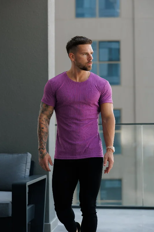 Father Sons Classic Light Purple Ribbed Knit Super Slim Short Sleeve Crew - FSH1161