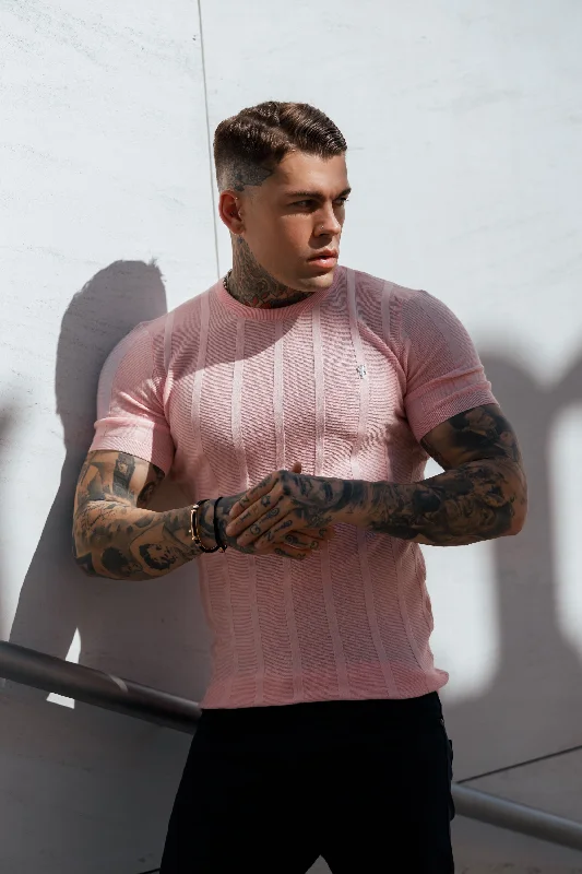 Father Sons Classic Short Sleeve Baby Pink Knitted Wide Rib Crew with Silver Emblem - FSH737