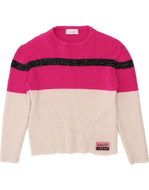 GAUDI Girls Crew Neck Jumper Sweater 7-8 Years Pink Colourblock Viscose