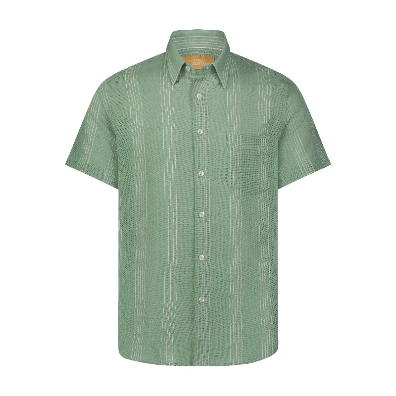 Green with White Embroidered Striped Short Sleeve Shirt