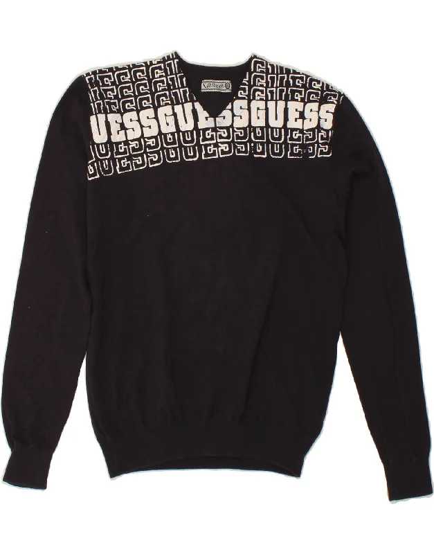 GUESS Girls Graphic V-Neck Jumper Sweater 13-14 Years Black Cotton