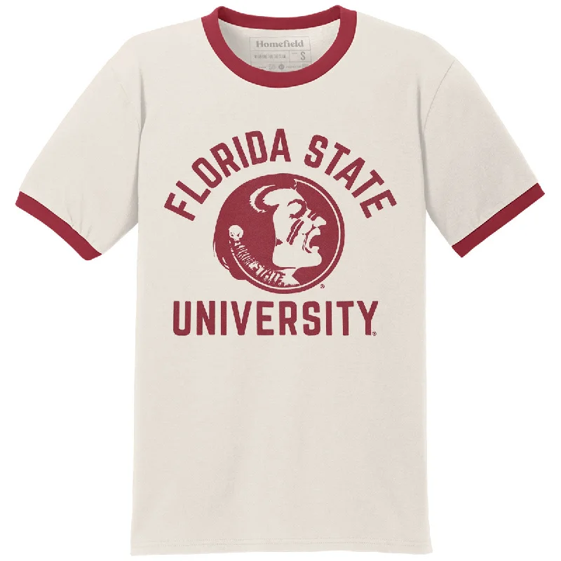 Homefield Men's Vault Florida State University Seminole Logo Short Sleeve Ringer T-shirt - Cream/Cardinal