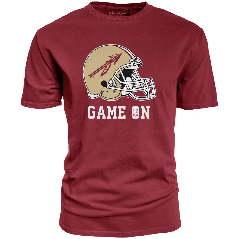 Blue 84 Adult/Unisex Florida State Helmet/Game On Life is Good Design Short Sleeve T-shirt - Garnet