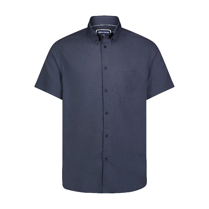 Navy Seer Sucker Stretch Button Down Short Sleeve Shirt