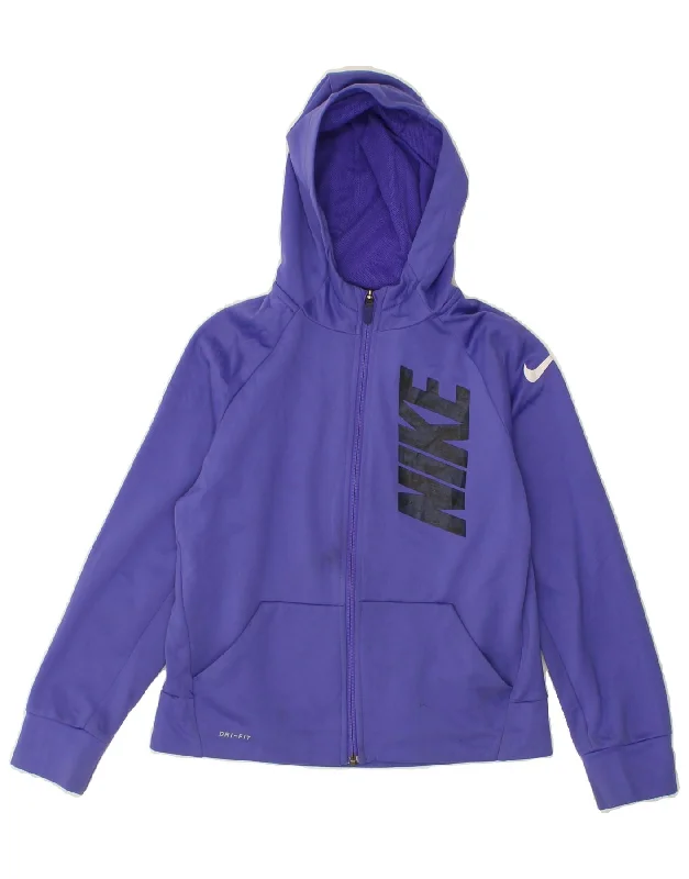 NIKE Girls Dri Fit Graphic Zip Hoodie Sweater 10-11 Years Medium Purple