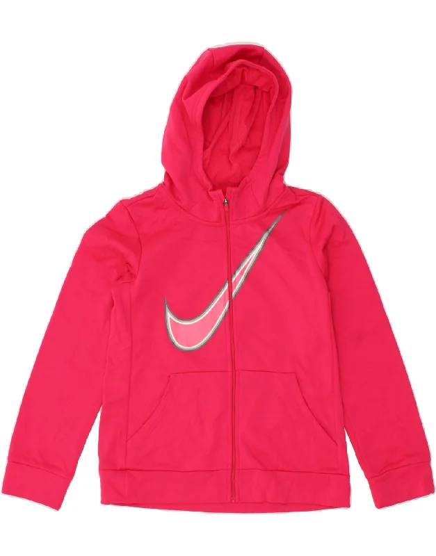 NIKE Girls Dri Fit Graphic Zip Hoodie Sweater 12-13 Years Large  Pink