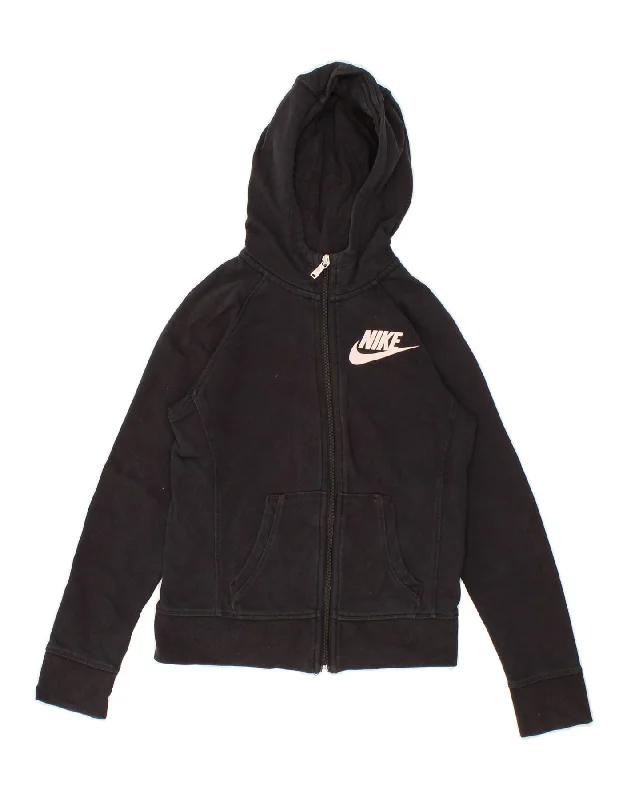 NIKE Girls Graphic Zip Hoodie Sweater 10-11 Years Medium Black Cotton