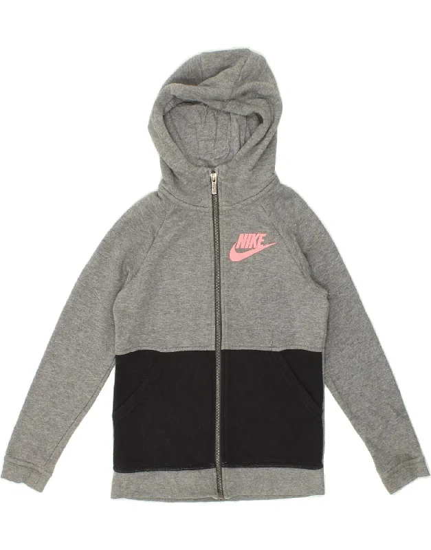 NIKE Girls Graphic Zip Hoodie Sweater 10-11 Years Medium Grey Colourblock