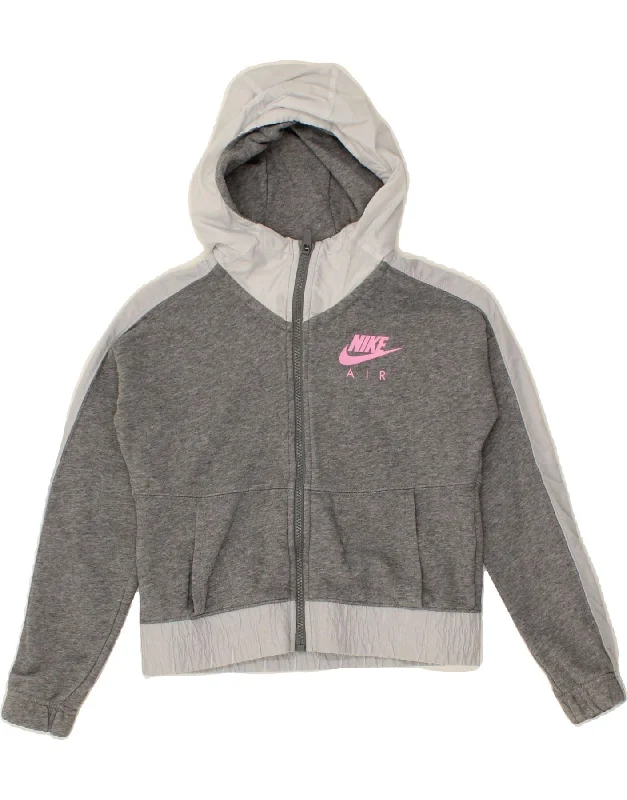 NIKE Girls Graphic Zip Hoodie Sweater 10-11 Years Medium Grey Colourblock