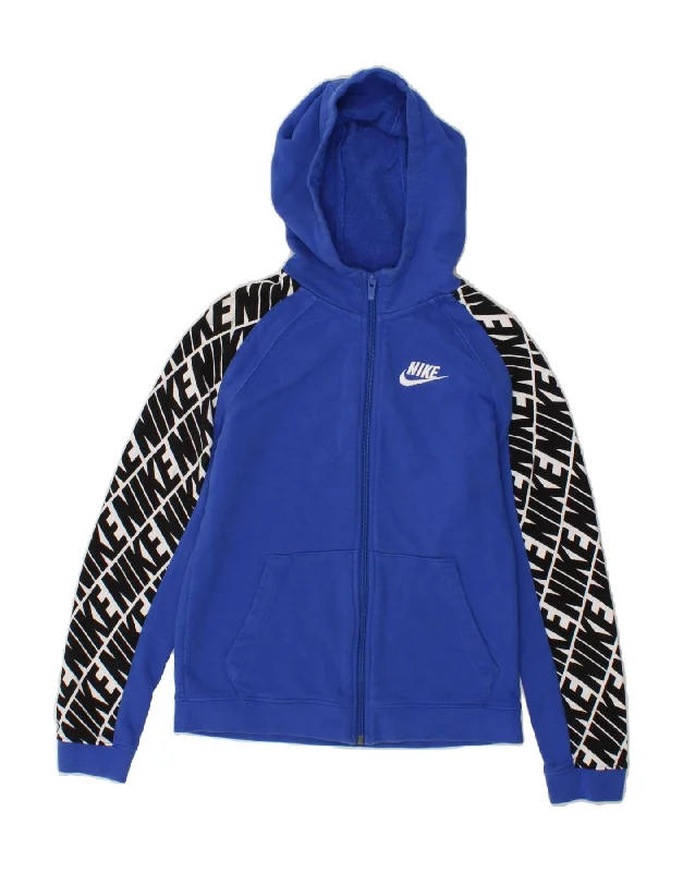 NIKE Girls Graphic Zip Hoodie Sweater 11-12 Years Blue Colourblock