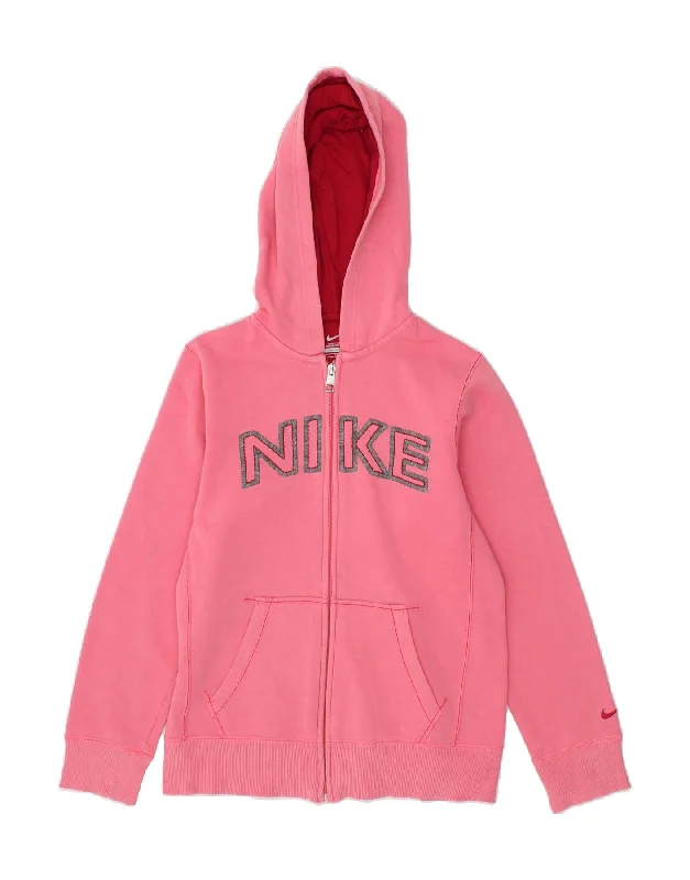 NIKE Girls Graphic Zip Hoodie Sweater 12-13 Years Large Pink Cotton