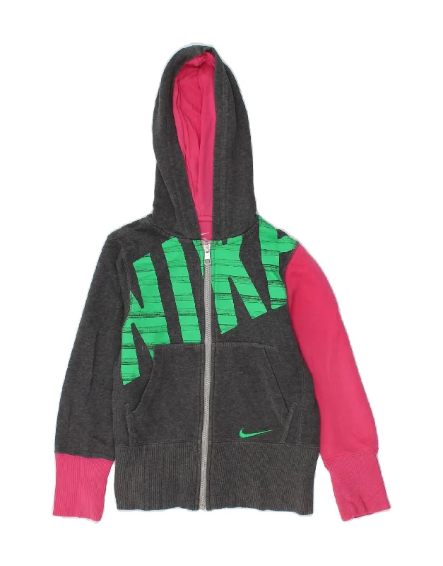 NIKE Girls Graphic Zip Hoodie Sweater 8-9 Years Small Grey Colourblock