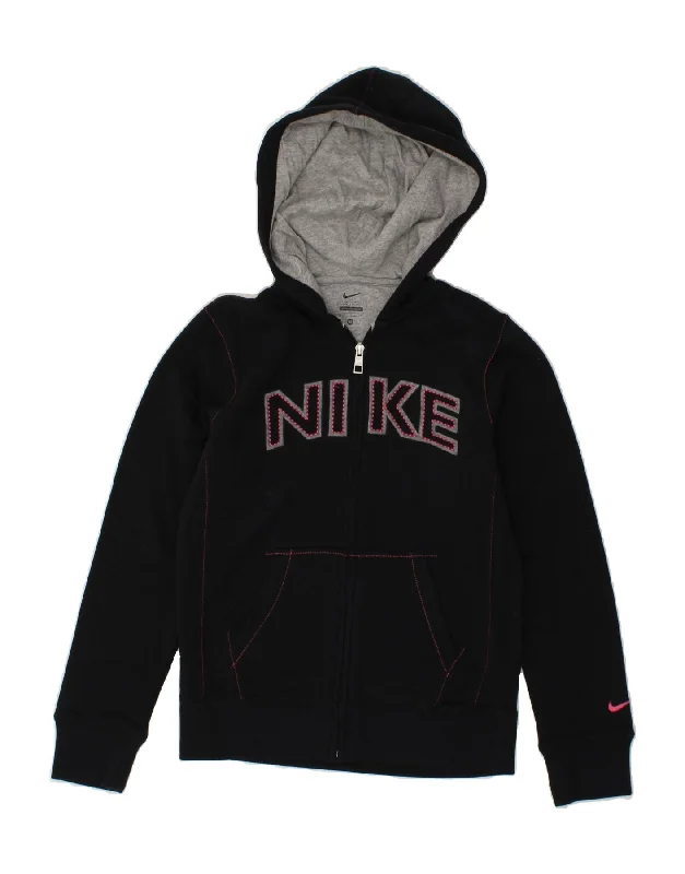 NIKE Girls Graphic Zip Hoodie Sweater 9-10 Years Medium Black