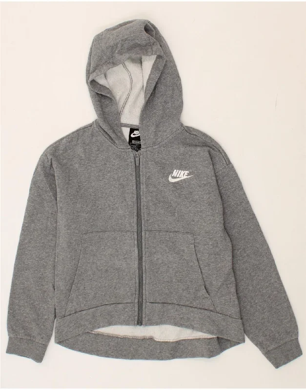 NIKE Girls Standard Fit Zip Hoodie Sweater 12-13 Years Large Grey Cotton