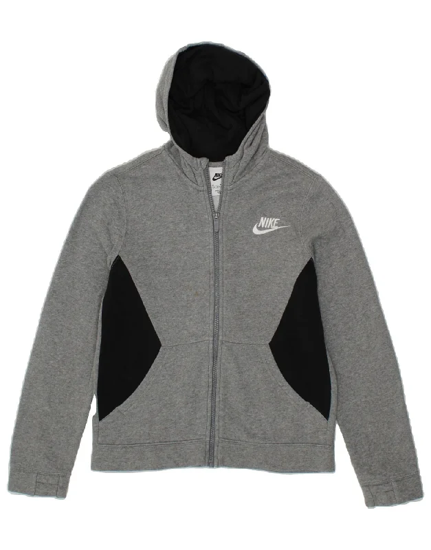 NIKE Girls Zip Hoodie Sweater 10-11 Years Medium  Grey Colourblock Cotton