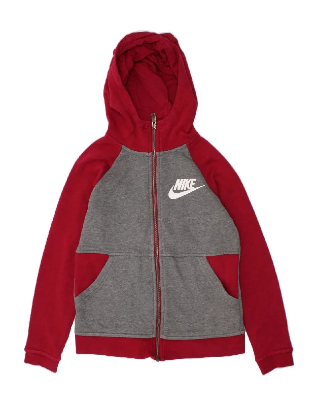 NIKE Girls Zip Hoodie Sweater 10-11 Years Medium Grey Colourblock Cotton