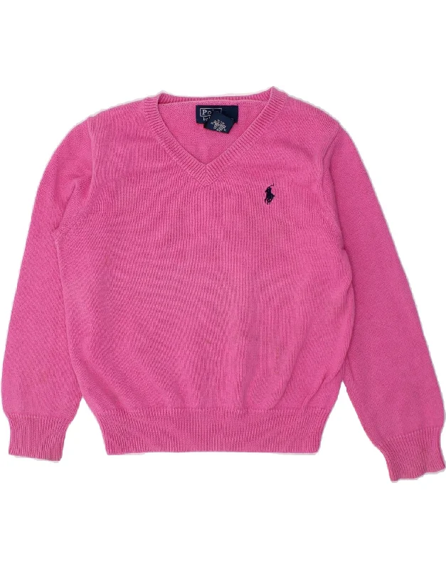 POLO RALPH LAUREN Girls V-Neck Jumper Sweater 3-4 Years Pink Cotton