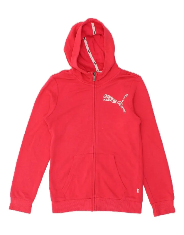 PUMA Girls Graphic Zip Hoodie Sweater 13-14 Years Pink Cotton