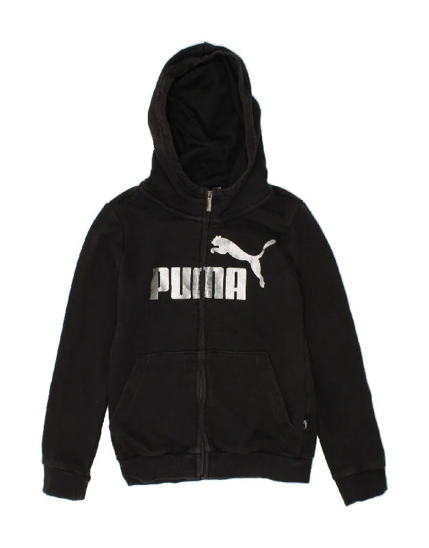 PUMA Girls Graphic Zip Hoodie Sweater 9-10 Years Black Cotton