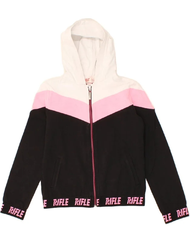 RIFLE Girls Graphic Zip Hoodie Sweater 11-12 Years Black Colourblock