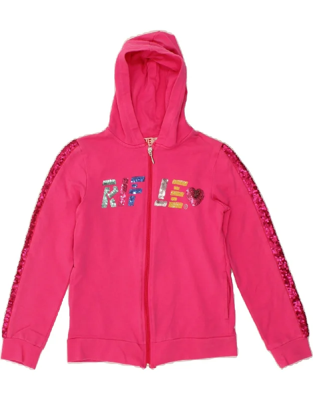 RIFLE Girls Graphic Zip Hoodie Sweater 9-10 Years Pink Cotton