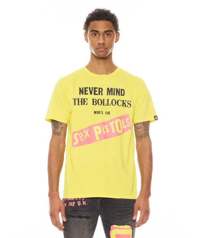 SHORT SLEEVE CREW NECK TEE   "NEVER MIND THE BOLLOCKS"  IN YELLOW