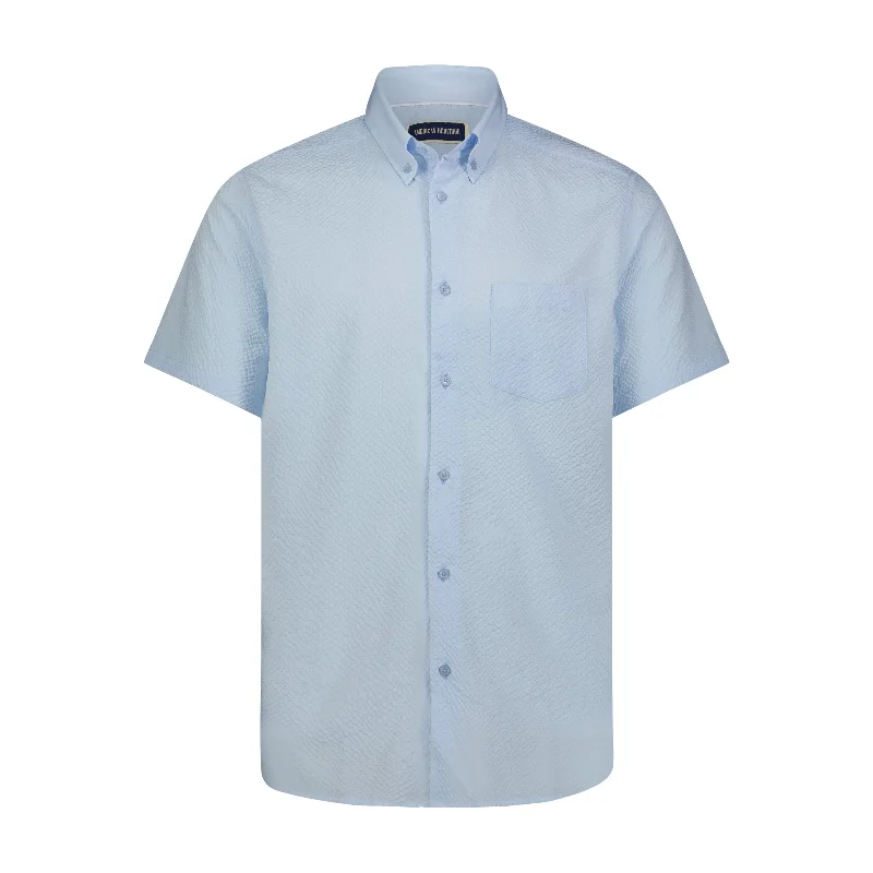 Sky Blue Seer Sucker Stretch Button Down Short Sleeve Shirt