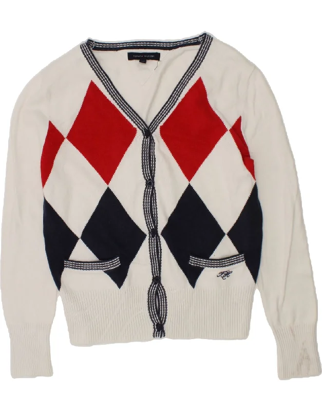 TOMMY HILFIGER Girls Cardigan Sweater 9-10 Years White Argyle/Diamond