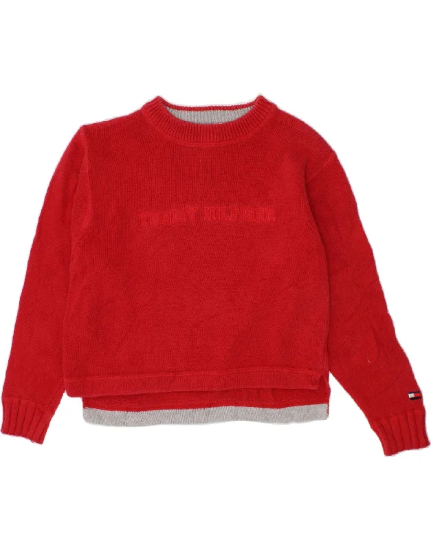 TOMMY HILFIGER Girls Graphic Boat Neck Jumper Sweater 5-6 Years Red