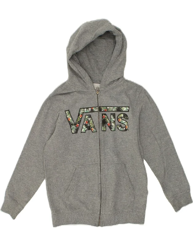 VANS Girls Graphic Zip Hoodie Sweater 10-11 Years Small Grey Cotton