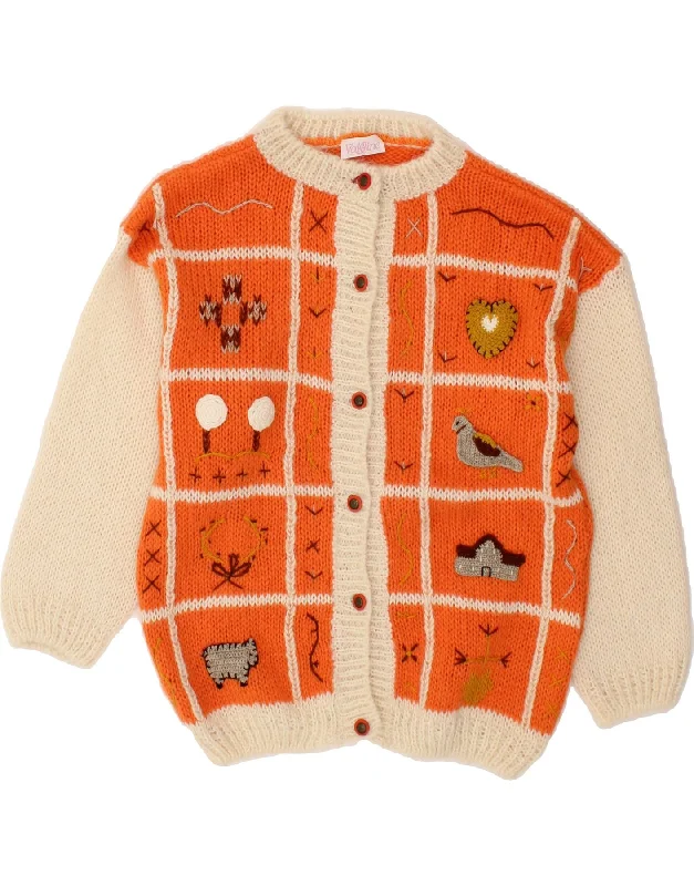 VINTAGE Girls Cardigan Sweater 13-14 Years Orange Colourblock Acrylic