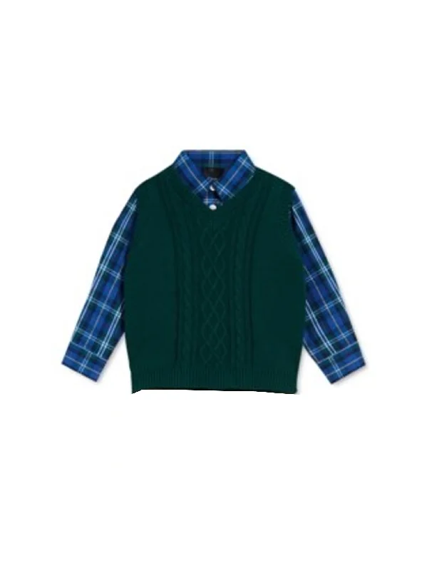 Kids Boy's 2 Pcs Textured Sweater & Plaid Shirt Set,Green/Blue