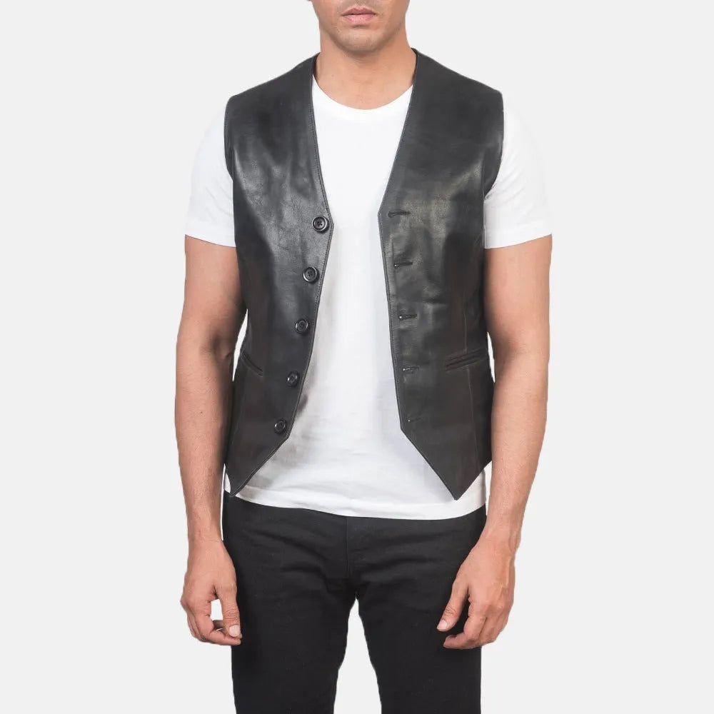 Black Men's Jacket Leather Vest with Button Closure Style