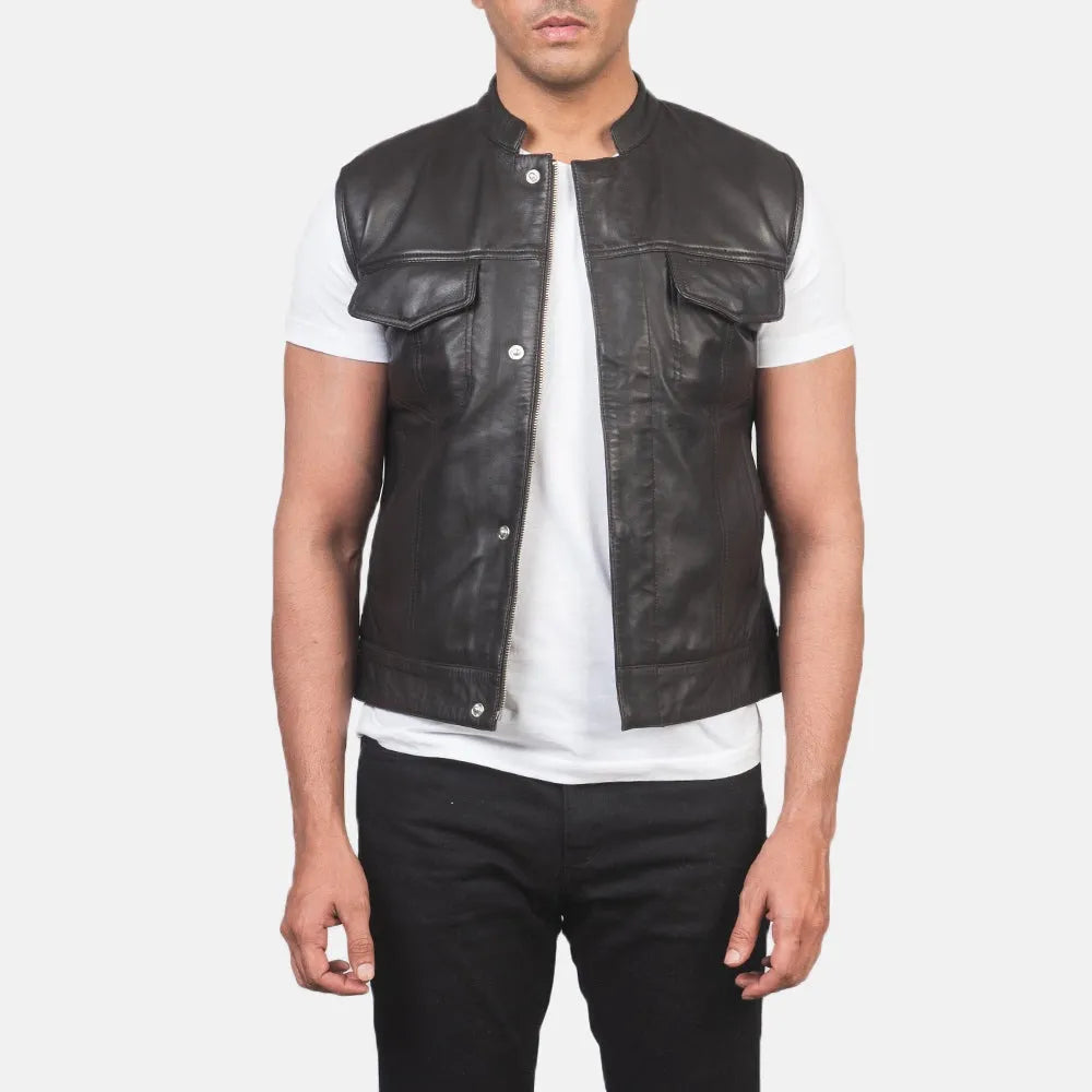 Men's Moto Black Leather Vest Jacket with Band Collar