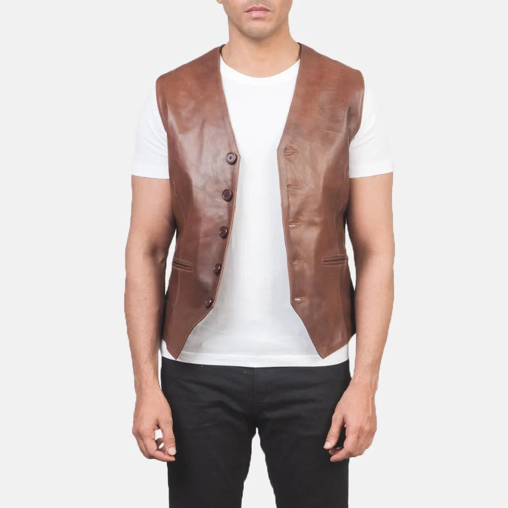 Brown Men's Leather Vest Jacket with Button Closure