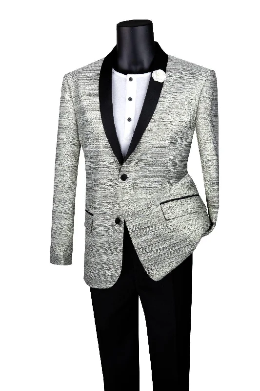 Silver Metallic Stripe Slim Fit Jacket with Black Shawl Lapel