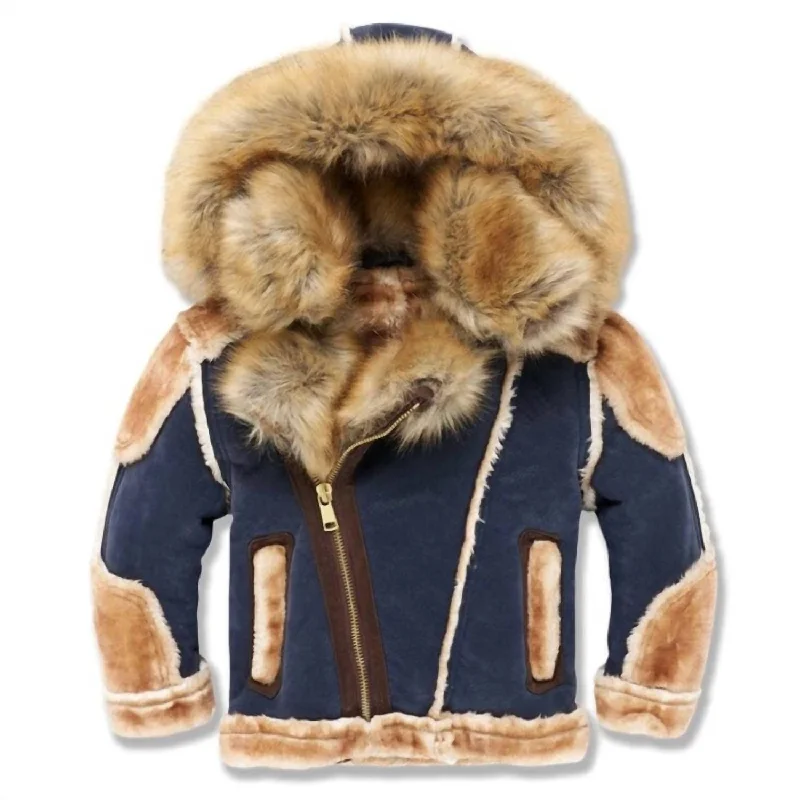 Kids El Jefe Shearling Moto Jacket In Navy